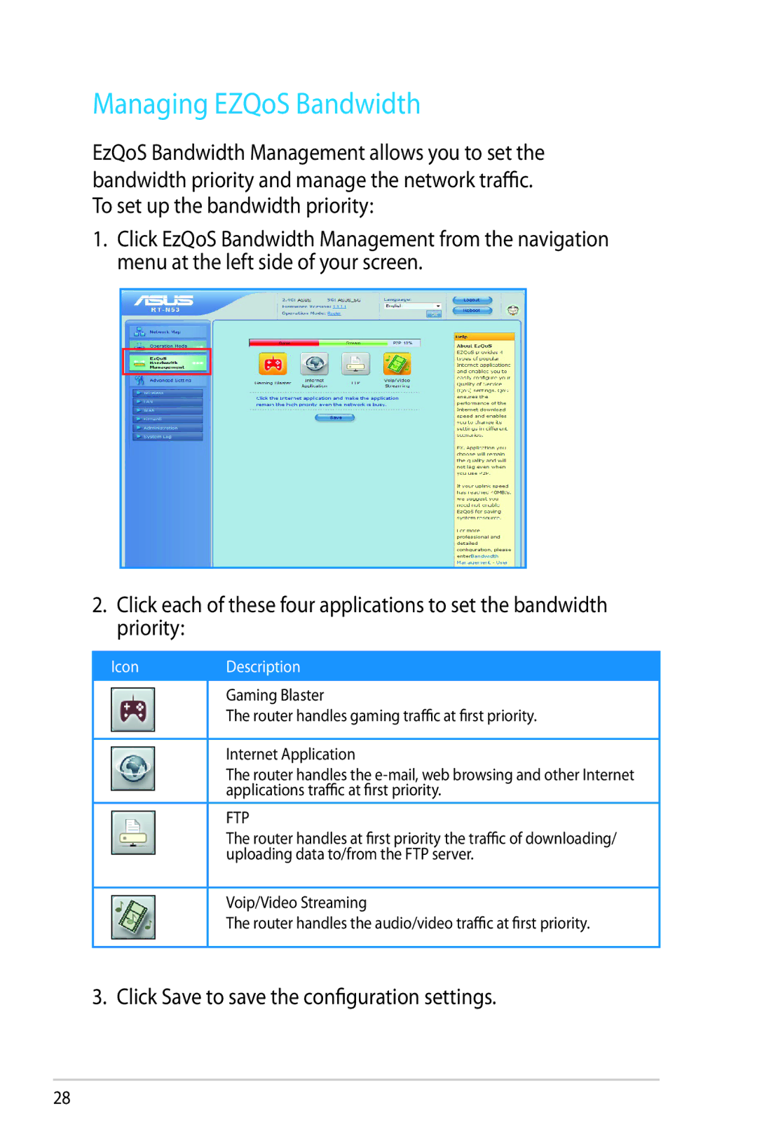 Asus RT-N53 manual Managing EZQoS Bandwidth, Ftp 