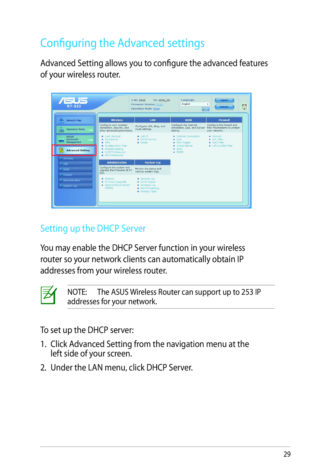 Asus RT-N53 manual Configuring the Advanced settings, Setting up the Dhcp Server 