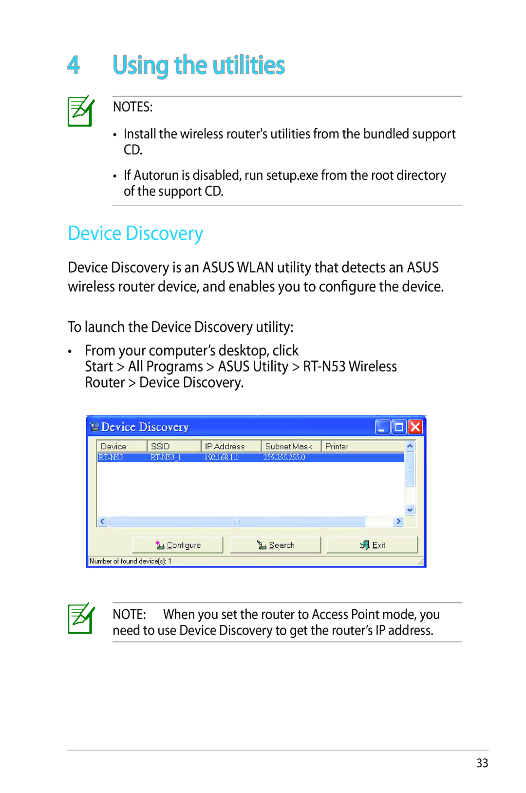 Asus RT-N53 manual Using the utilities, Device Discovery 