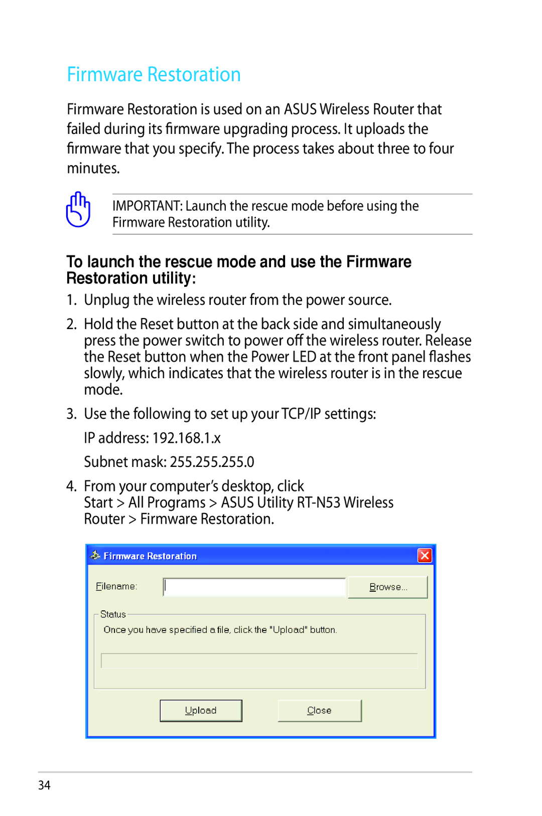 Asus RT-N53 manual Firmware Restoration 