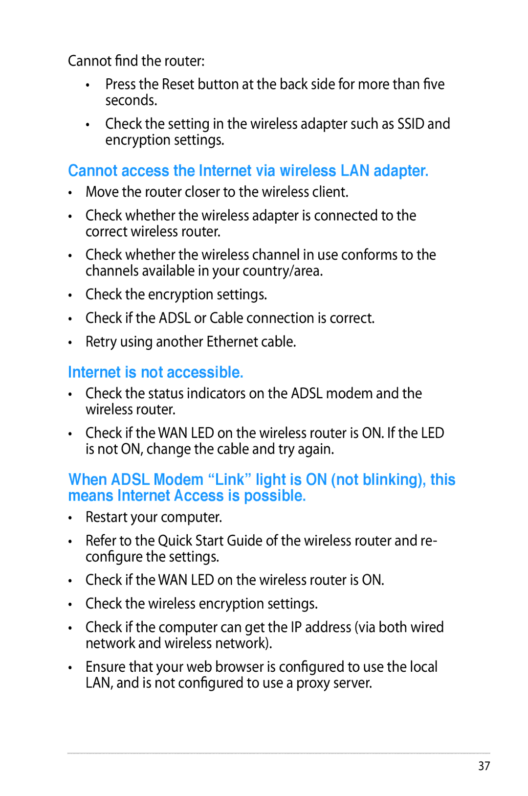 Asus RT-N53 manual Cannot access the Internet via wireless LAN adapter 