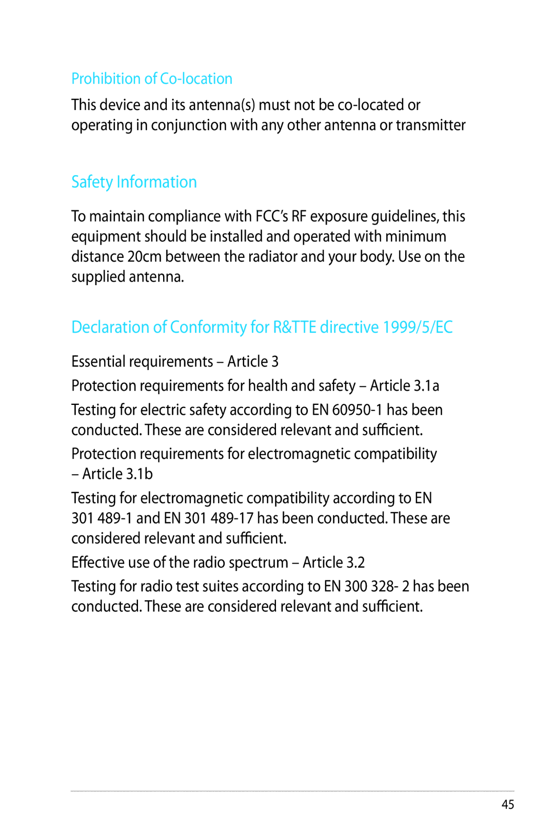 Asus RT-N53 manual Safety Information, Declaration of Conformity for R&TTE directive 1999/5/EC, Prohibition of Co-location 