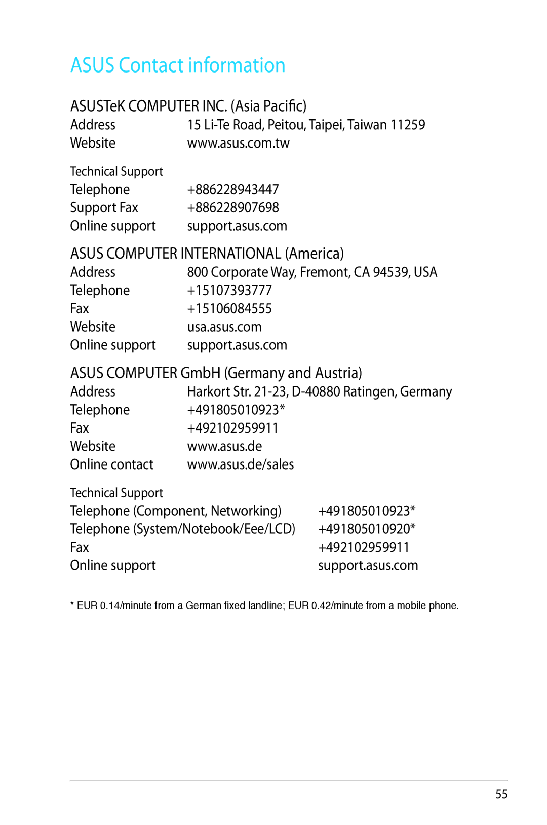 Asus RT-N53 manual Asus Contact information, ASUSTeK Computer INC. Asia Pacific 