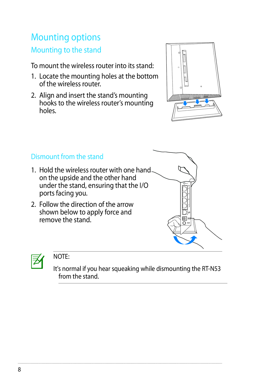 Asus RT-N53 manual Mounting options, Mounting to the stand, Dismount from the stand 