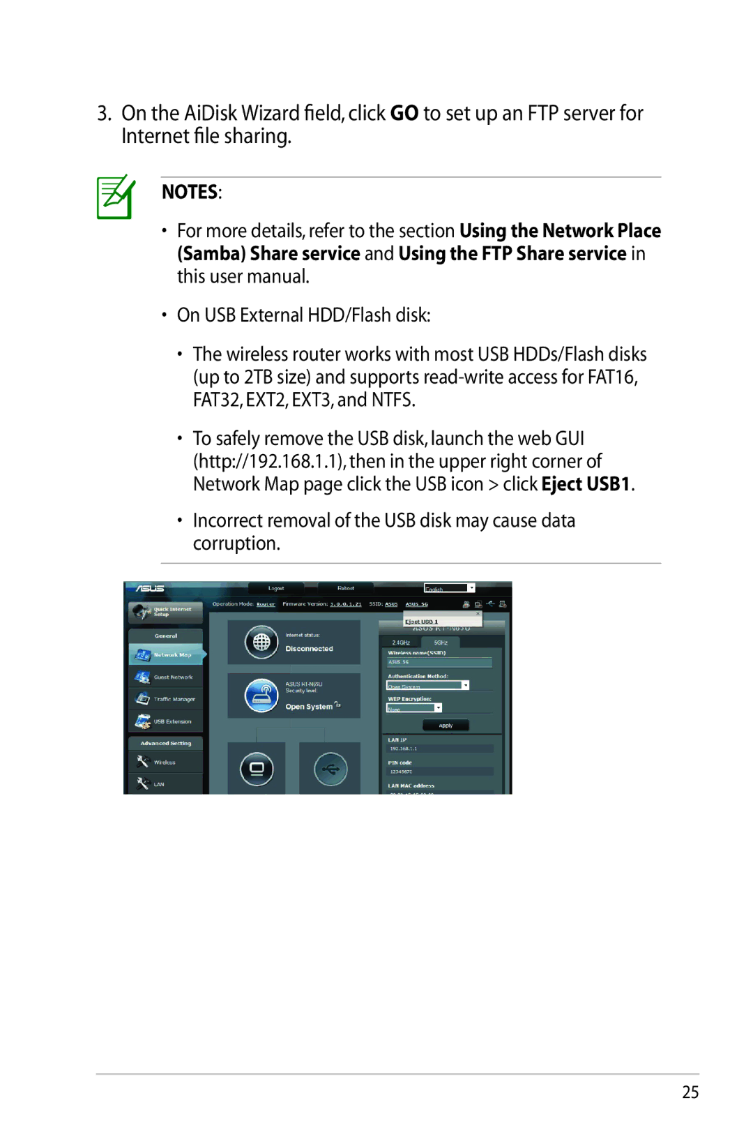 Asus RTN65U, RT-N65U manual Incorrect removal of the USB disk may cause data corruption 