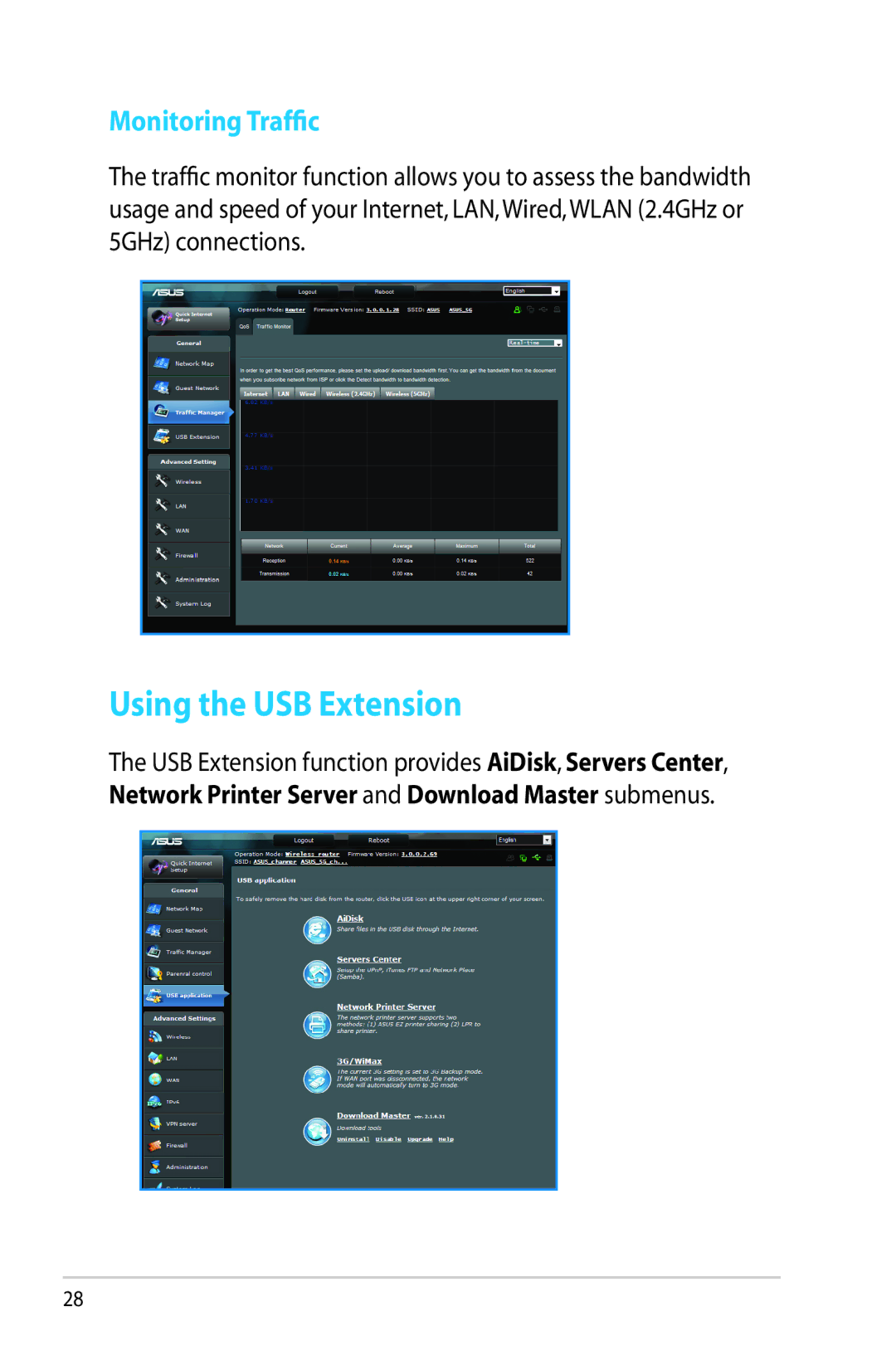 Asus RT-N65U, RTN65U manual Using the USB Extension, Monitoring Traffic 