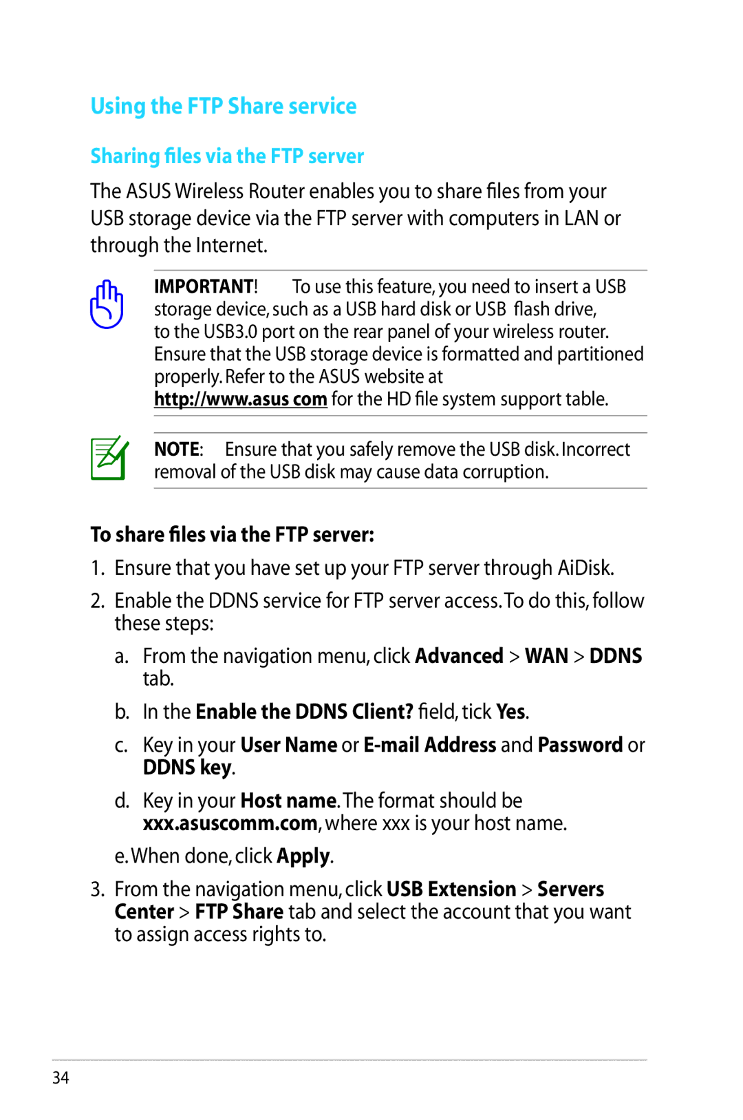 Asus RT-N65U, RTN65U manual Using the FTP Share service, To share files via the FTP server 