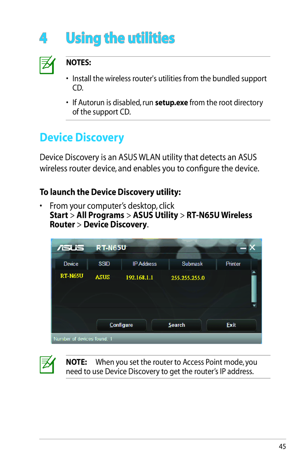 Asus RTN65U, RT-N65U manual To launch the Device Discovery utility 