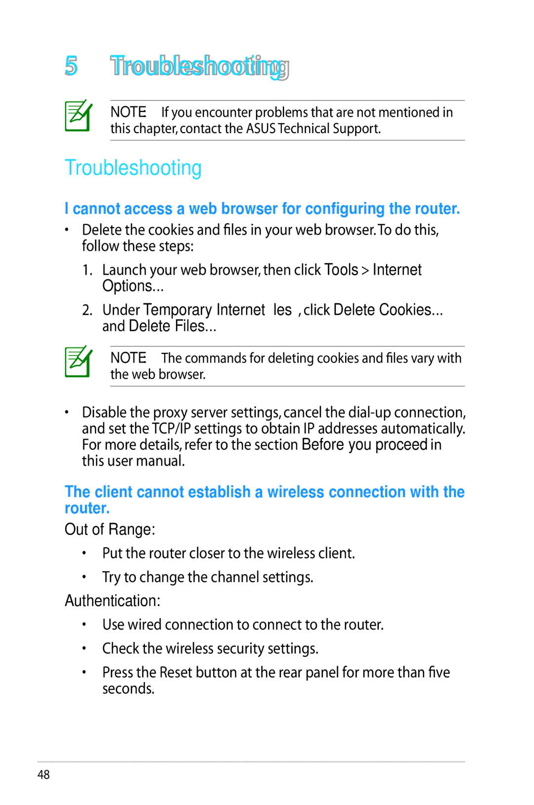 Asus RT-N65U, RTN65U manual Troubleshooting, Out of Range, Authentication 