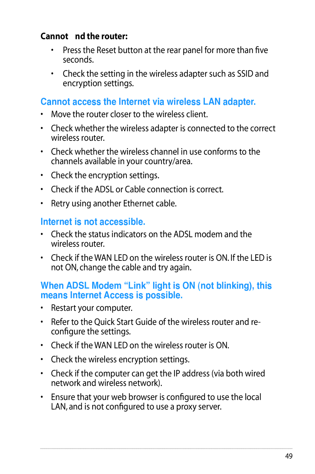 Asus RTN65U, RT-N65U manual Cannot find the router, Cannot access the Internet via wireless LAN adapter 