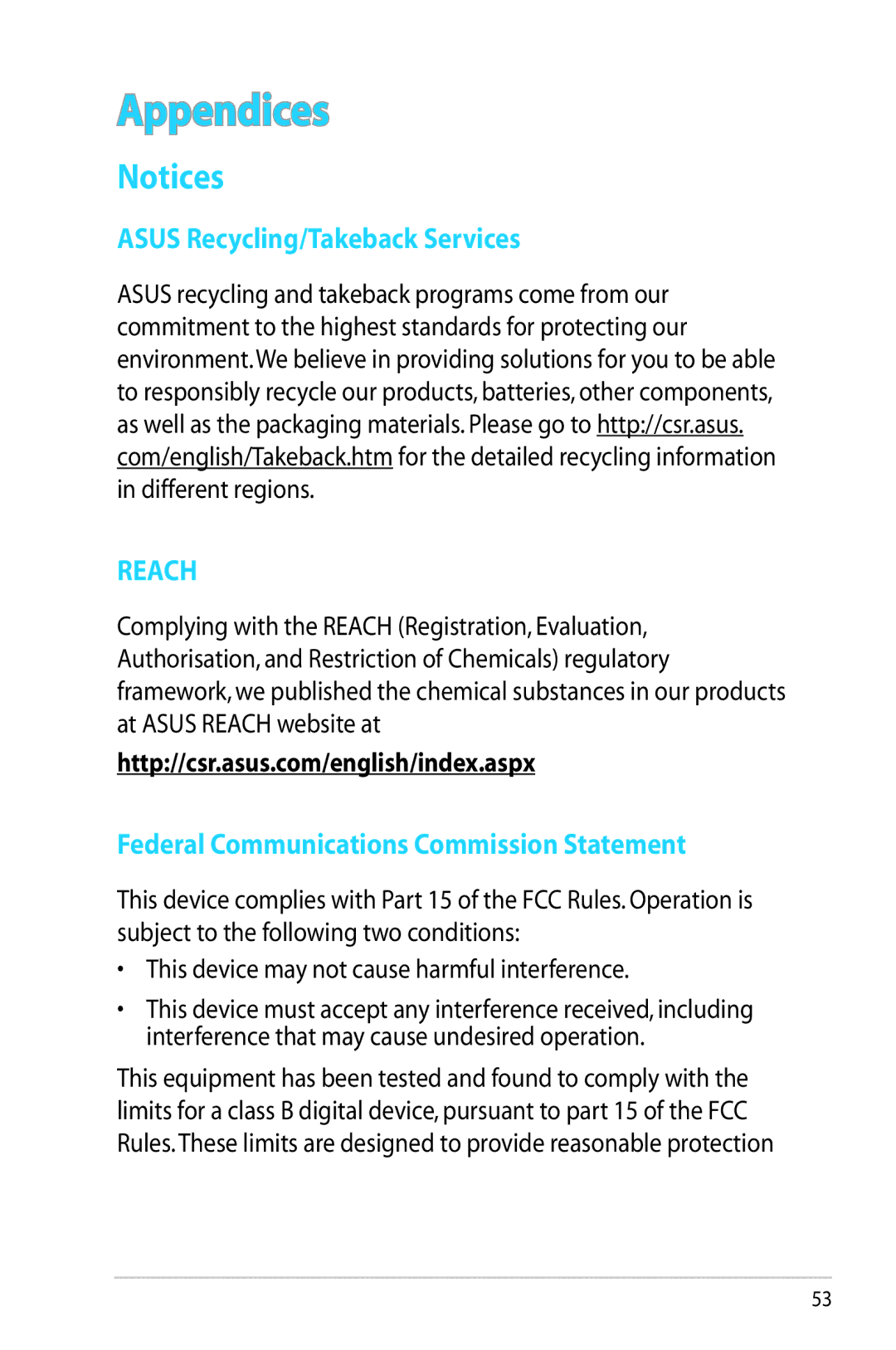 Asus RTN65U, RT-N65U manual Asus Recycling/Takeback Services, Federal Communications Commission Statement 