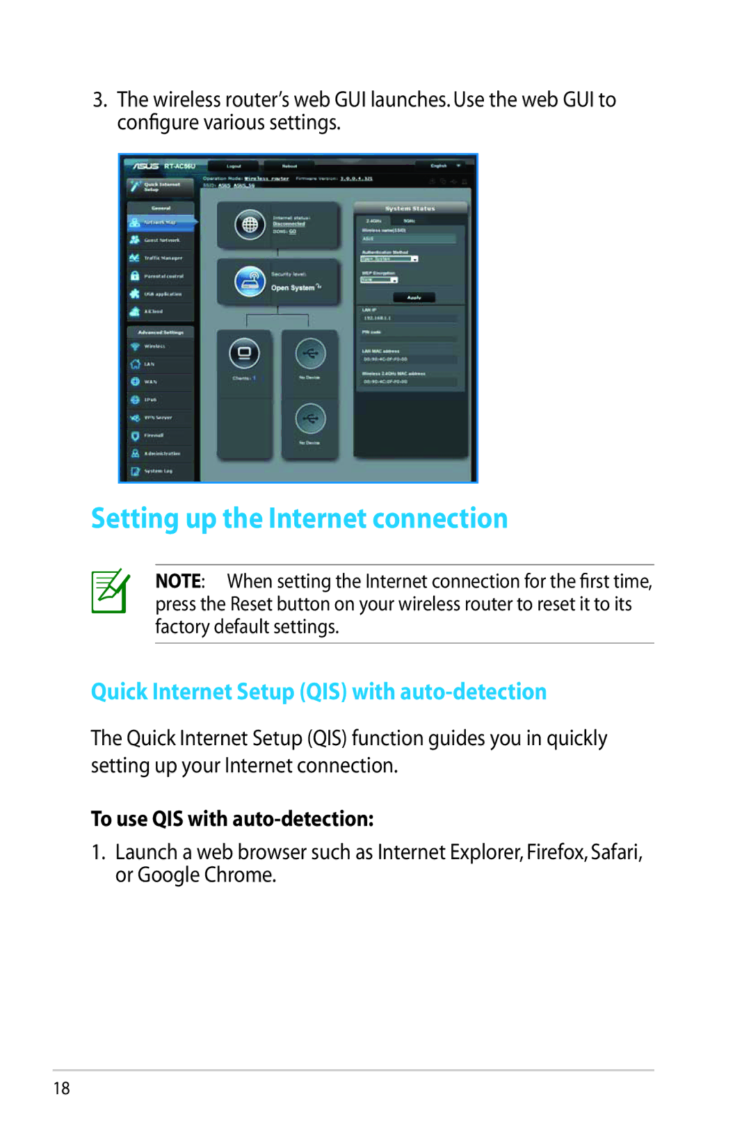 Asus RTAC56U manual Setting up the Internet connection, Quick Internet Setup QIS with auto-detection 