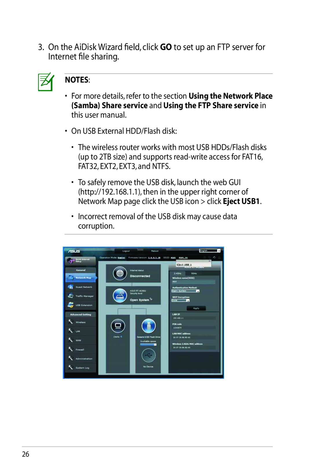 Asus RTAC56U manual Incorrect removal of the USB disk may cause data corruption 