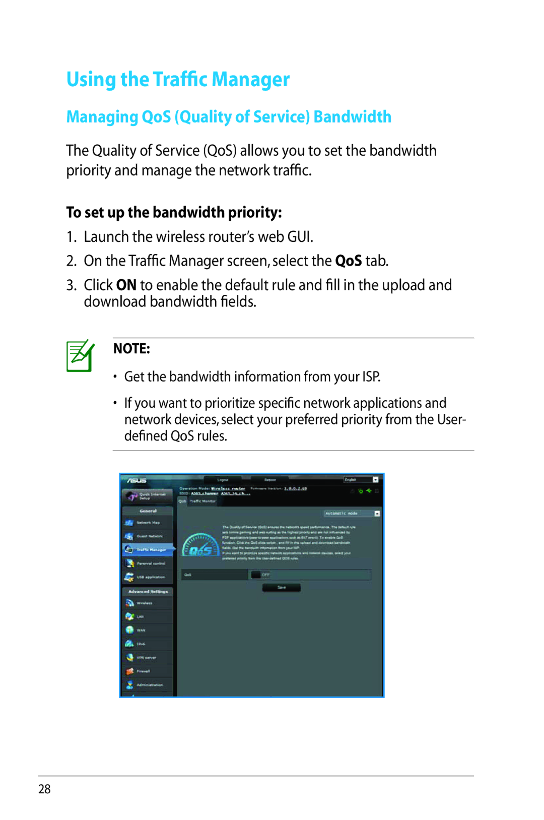 Asus RTAC56U manual Using the Traffic Manager, Managing QoS Quality of Service Bandwidth, To set up the bandwidth priority 