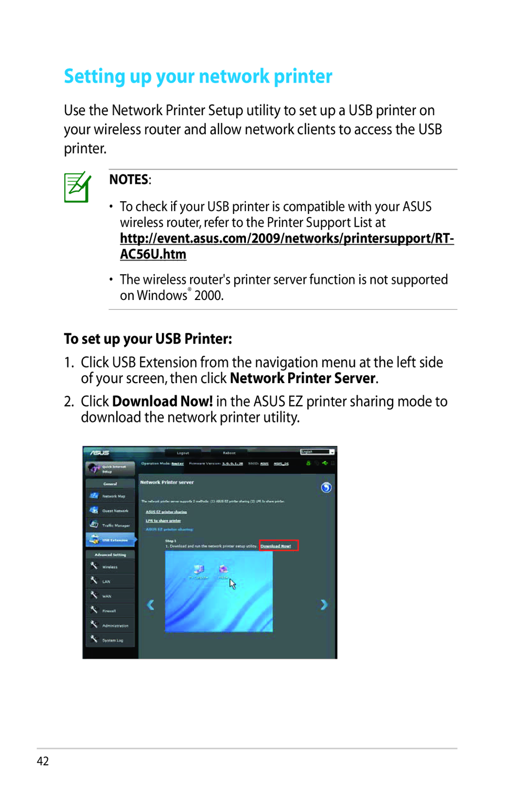 Asus RTAC56U manual Setting up your network printer, To set up your USB Printer 