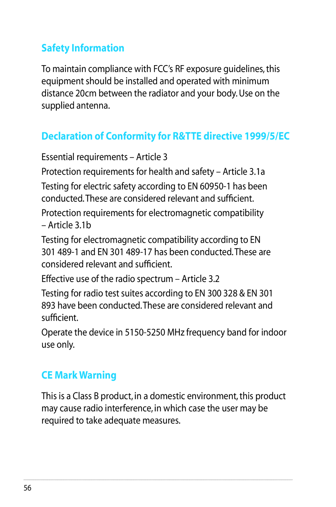 Asus RTAC56U manual Safety Information, Declaration of Conformity for R&TTE directive 1999/5/EC, CE Mark Warning 