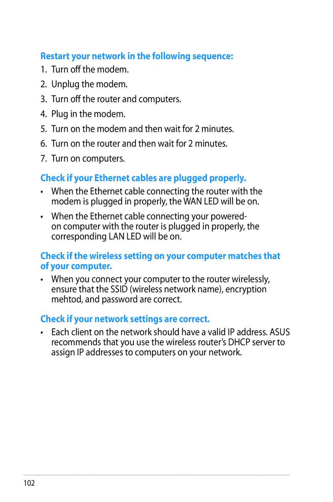 Asus RTAC66U manual Restart your network in the following sequence 