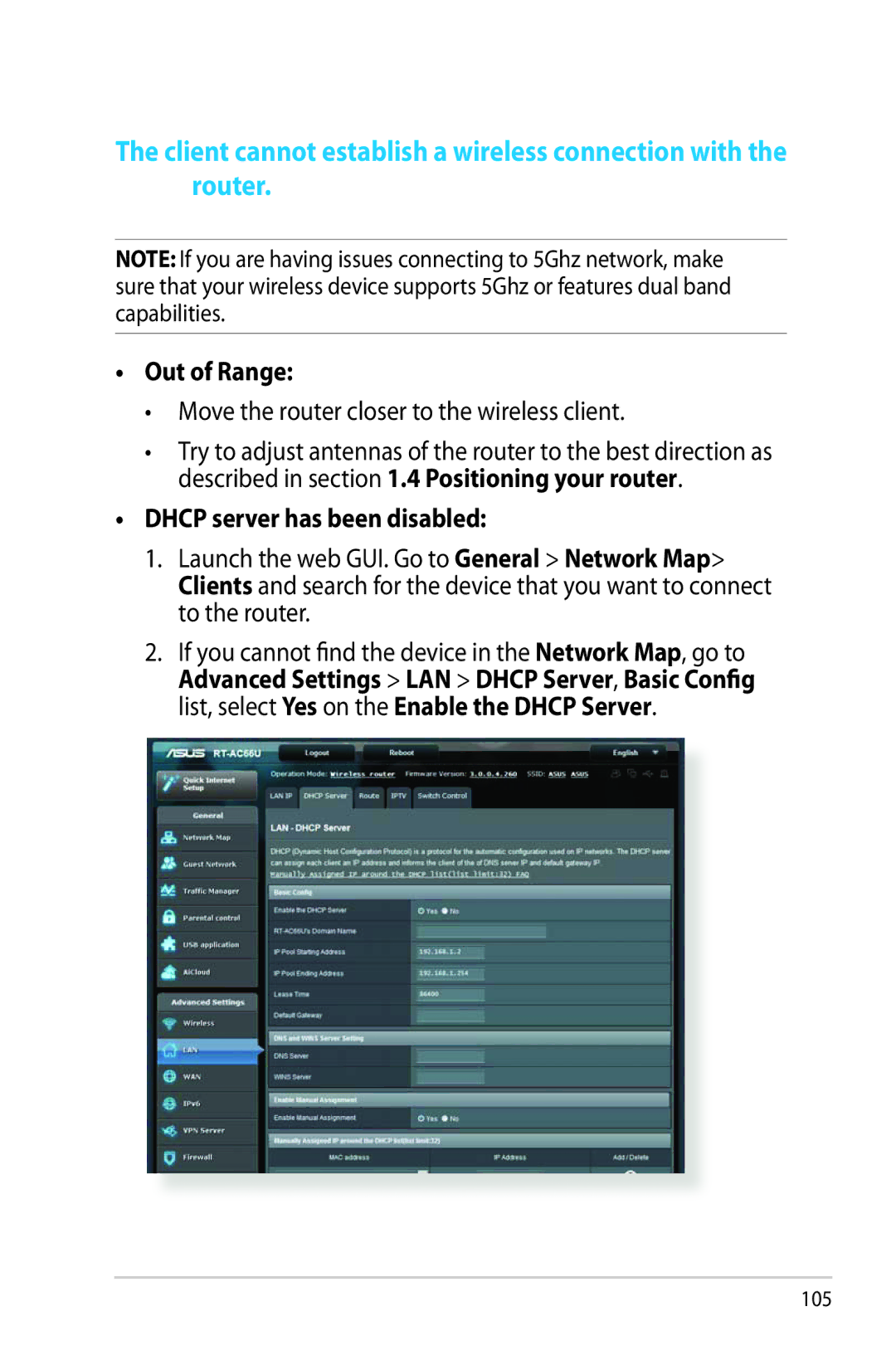 Asus RTAC66U manual Out of Range, Move the router closer to the wireless client, Dhcp server has been disabled 