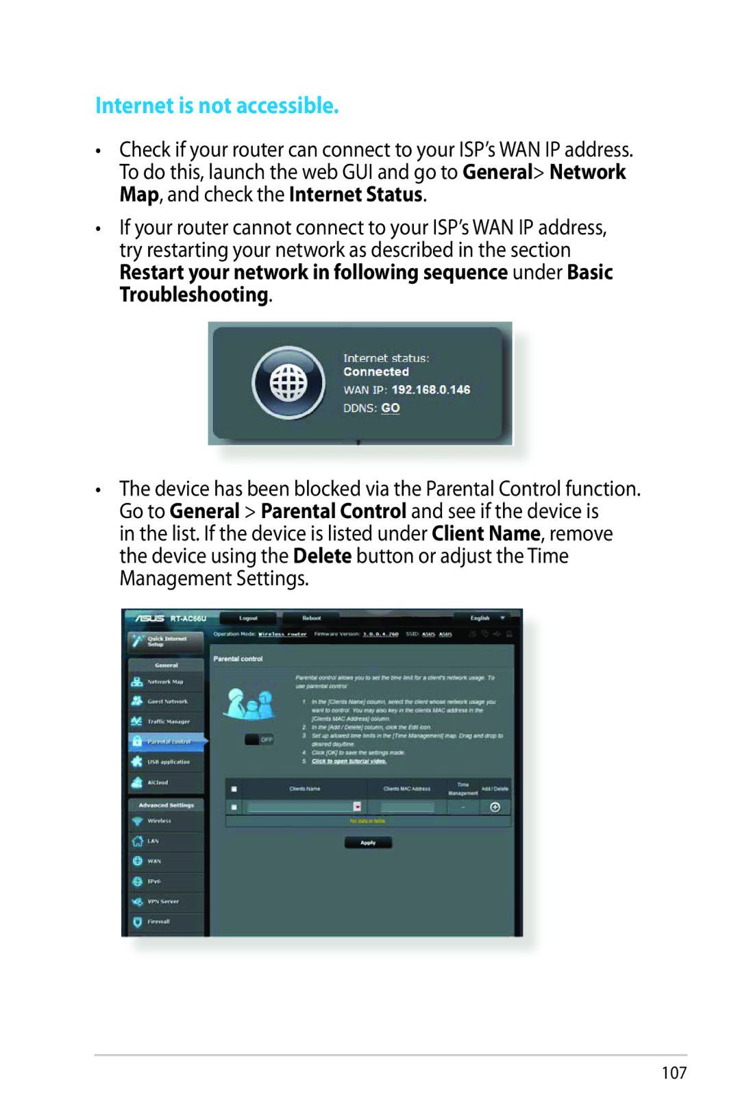 Asus RTAC66U manual Internet is not accessible 