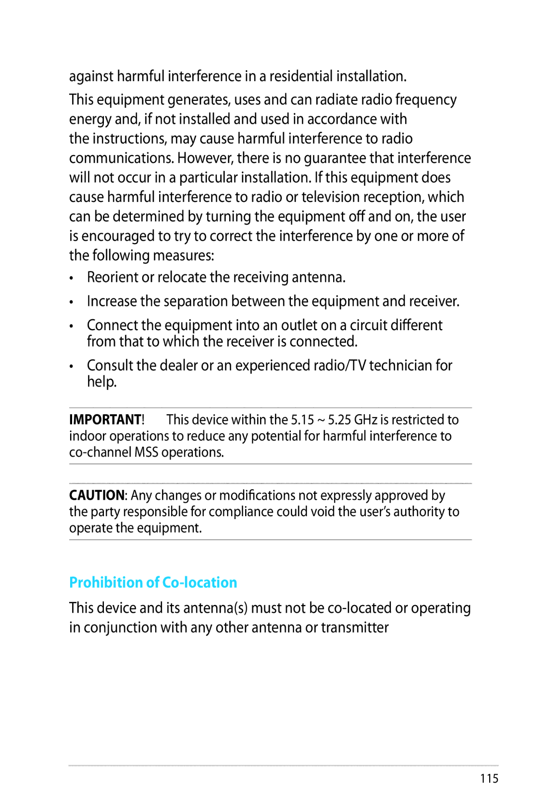 Asus RTAC66U manual Against harmful interference in a residential installation, Prohibition of Co-location 