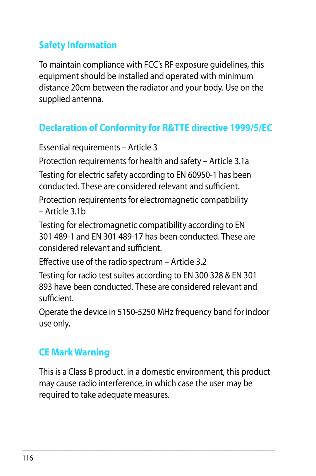 Asus RTAC66U manual Safety Information, Declaration of Conformity for R&TTE directive 1999/5/EC, CE Mark Warning 