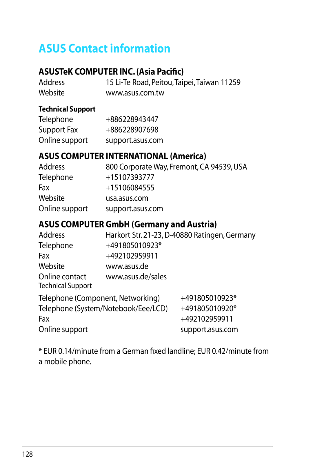 Asus RTAC66U manual Asus Contact information, ASUSTeK Computer INC. Asia Pacific, Asus Computer International America 