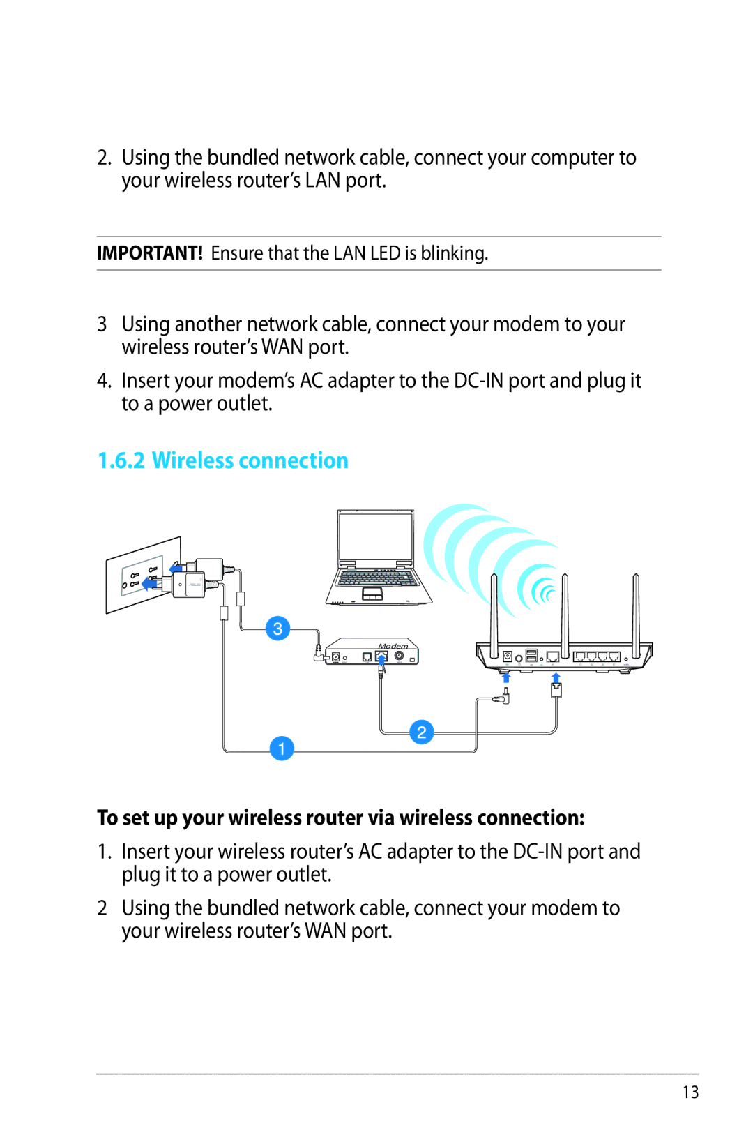 Asus RTAC66U manual Wireless connection, To set up your wireless router via wireless connection 