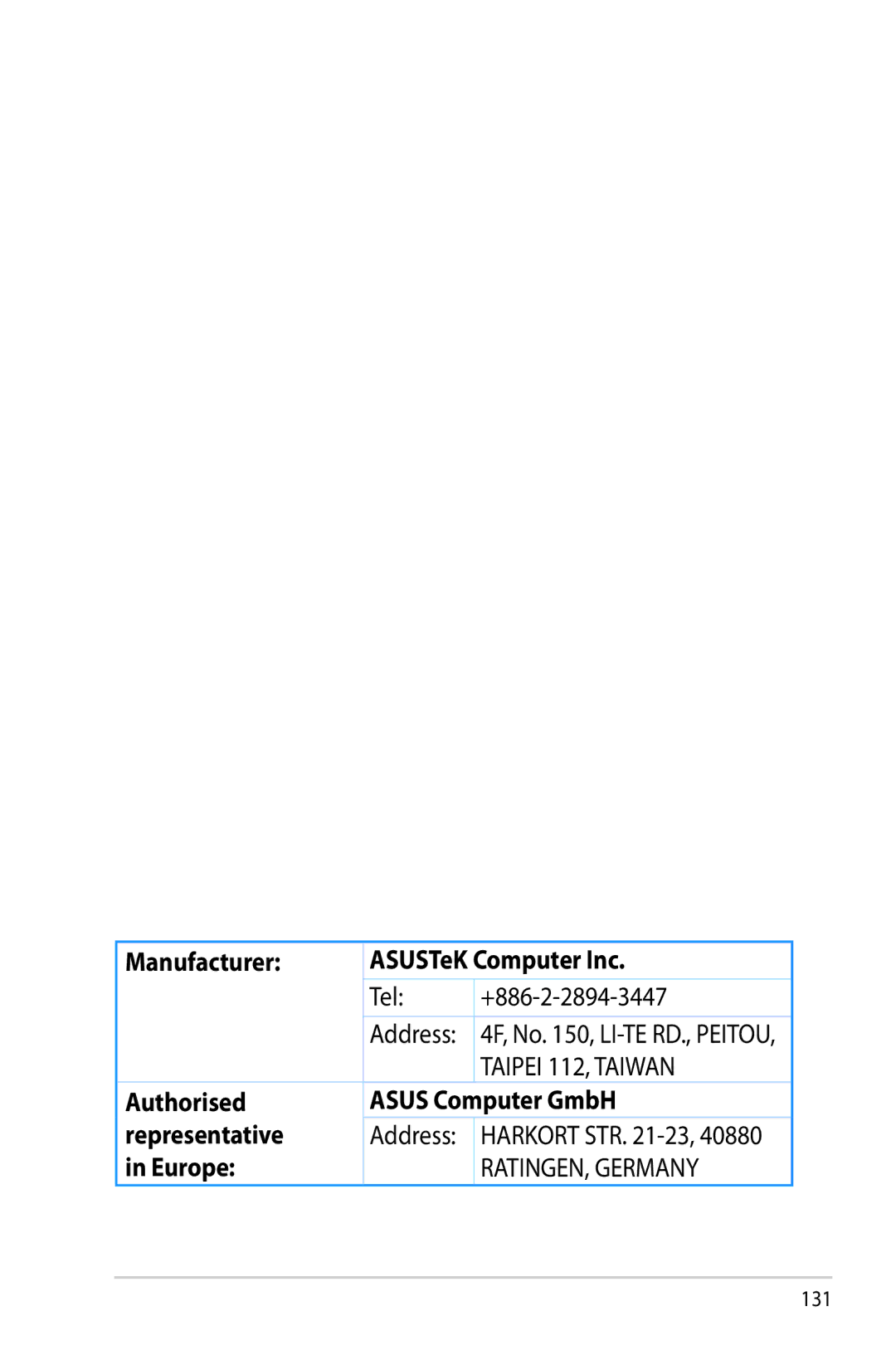 Asus RTAC66U Manufacturer ASUSTeK Computer Inc Tel +886-2-2894-3447, Authorised Asus Computer GmbH Representative, Europe 