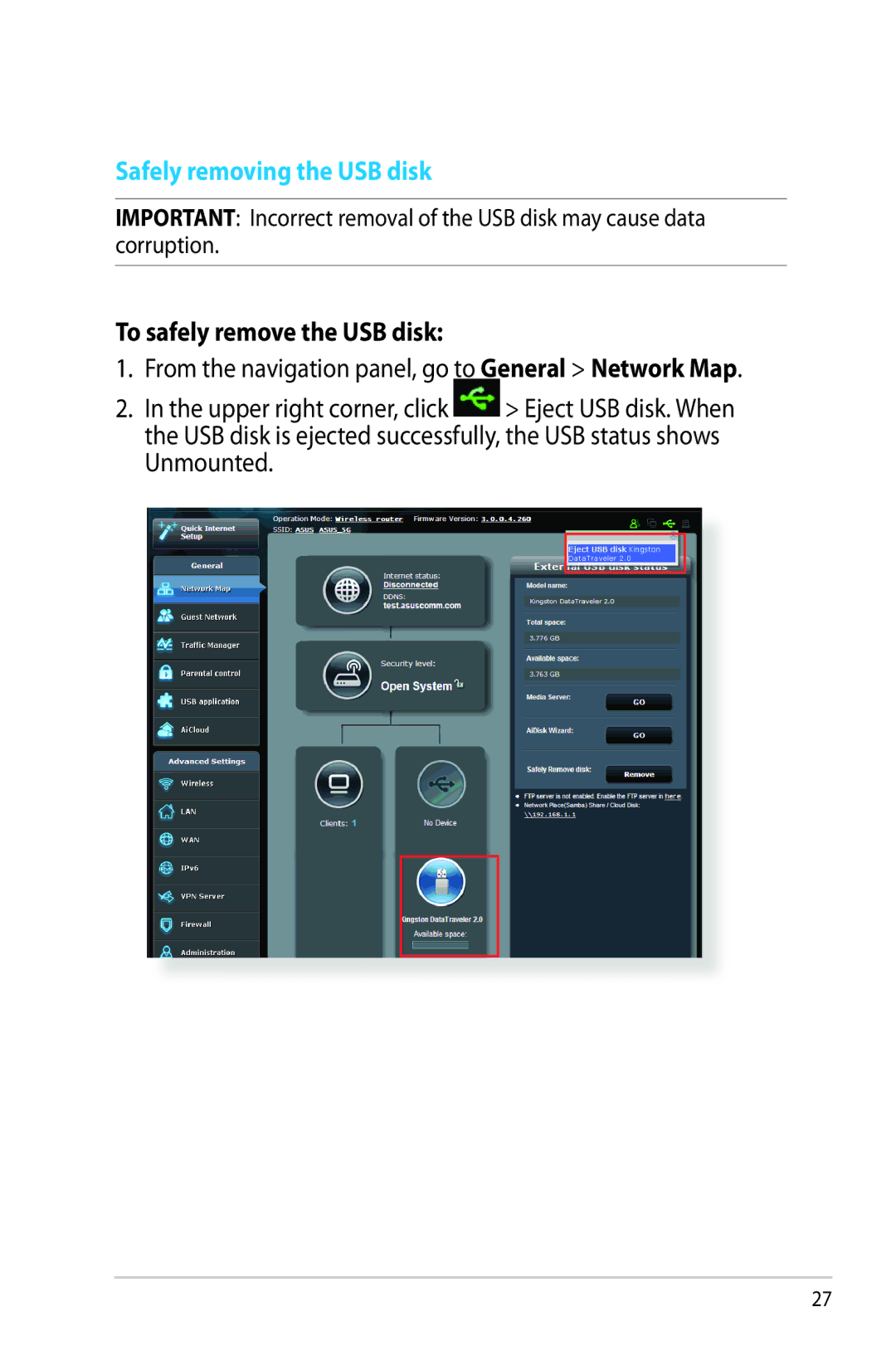 Asus RTAC66U manual Safely removing the USB disk, To safely remove the USB disk 