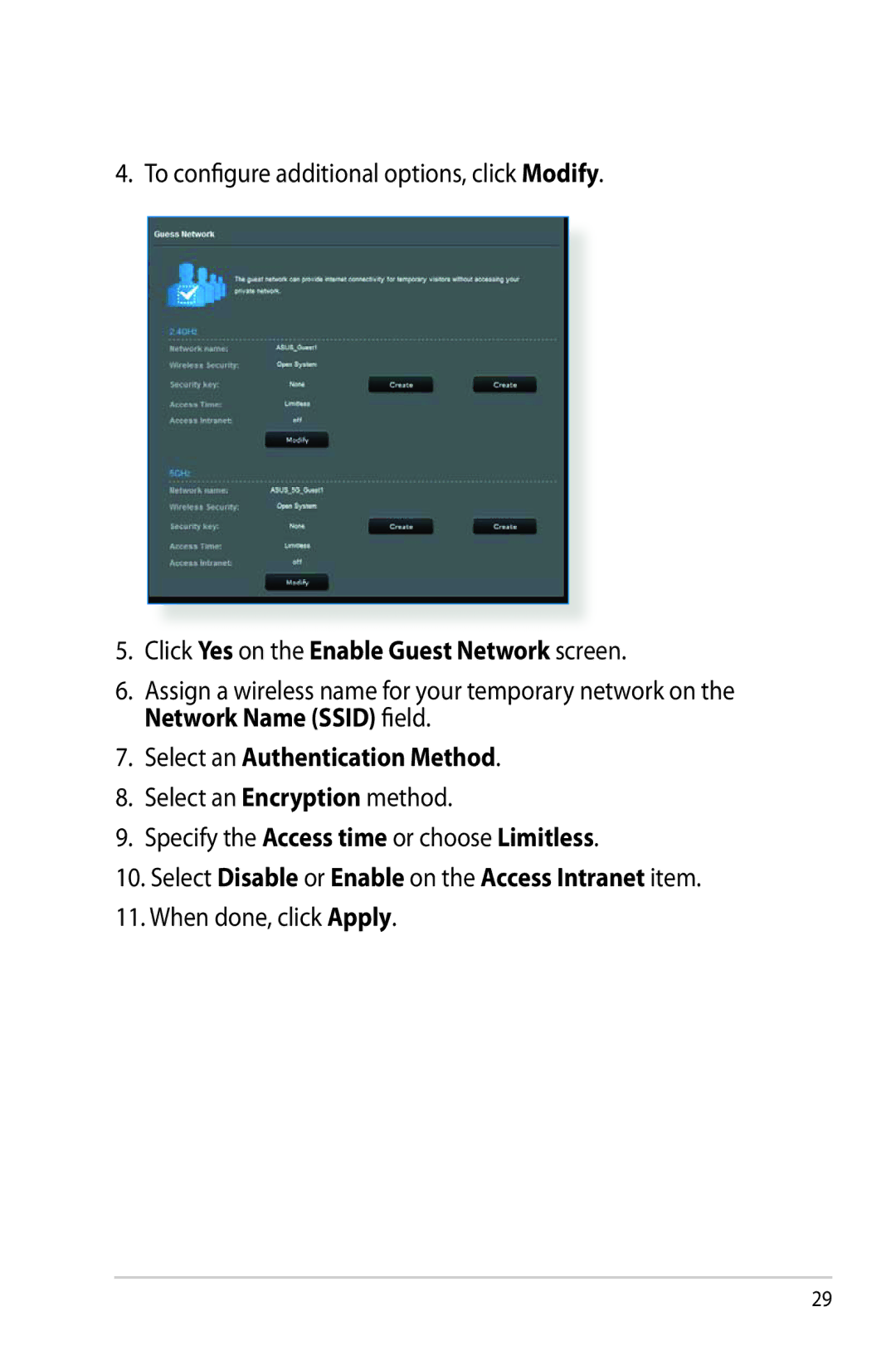 Asus RTAC66U manual To configure additional options, click Modify, Click Yes on the Enable Guest Network screen 