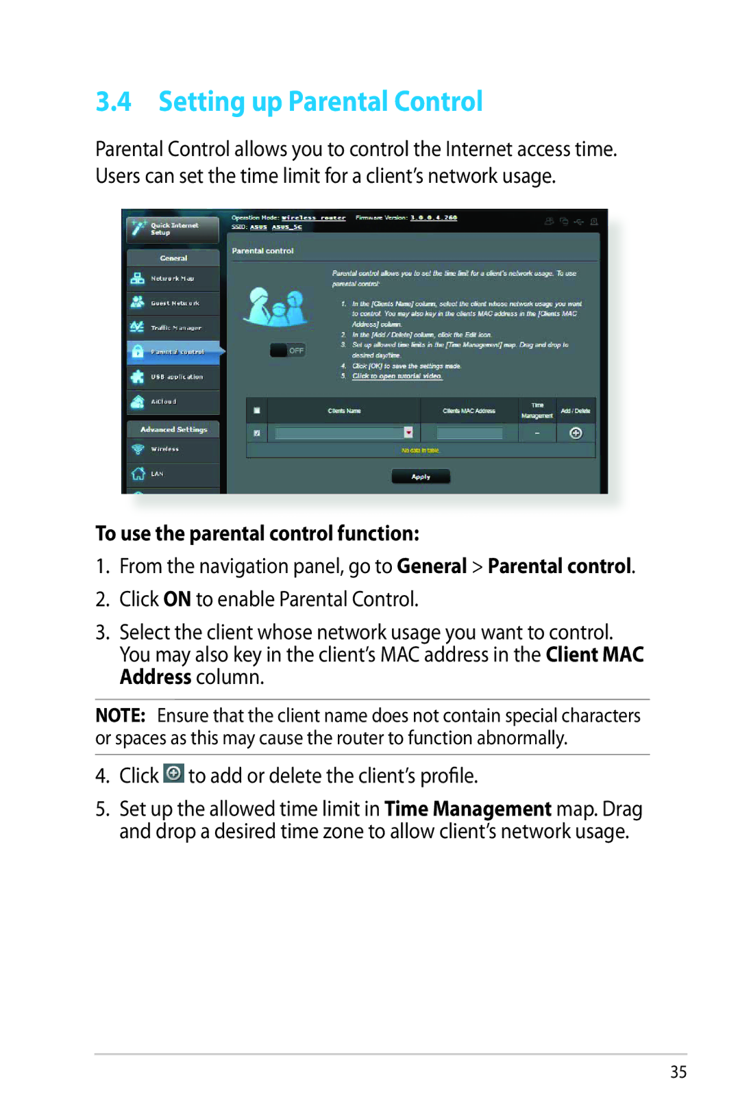 Asus RTAC66U manual Setting up Parental Control, To use the parental control function 