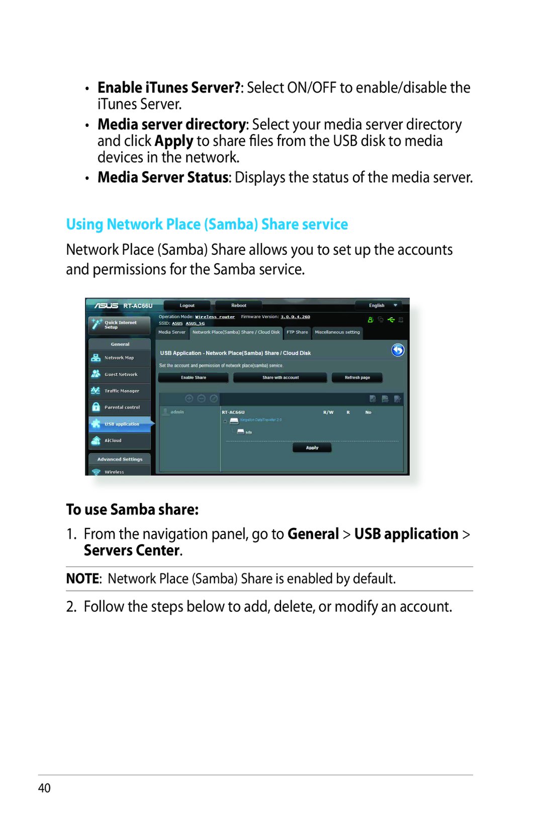 Asus RTAC66U manual Using Network Place Samba Share service, To use Samba share 