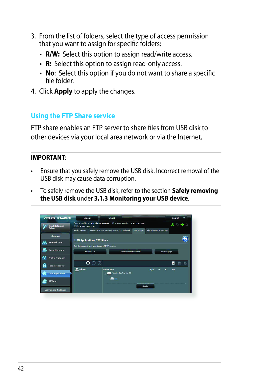 Asus RTAC66U manual Using the FTP Share service 