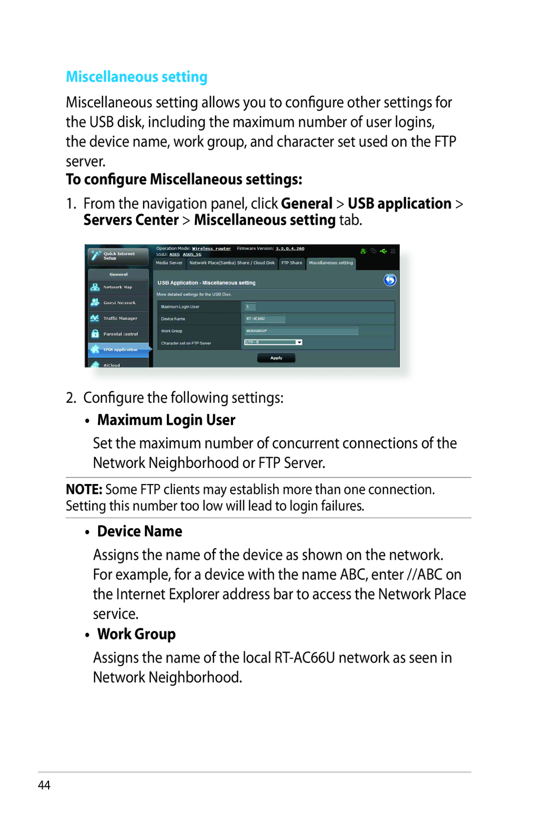 Asus RTAC66U manual To configure Miscellaneous settings, Configure the following settings, Maximum Login User, Device Name 