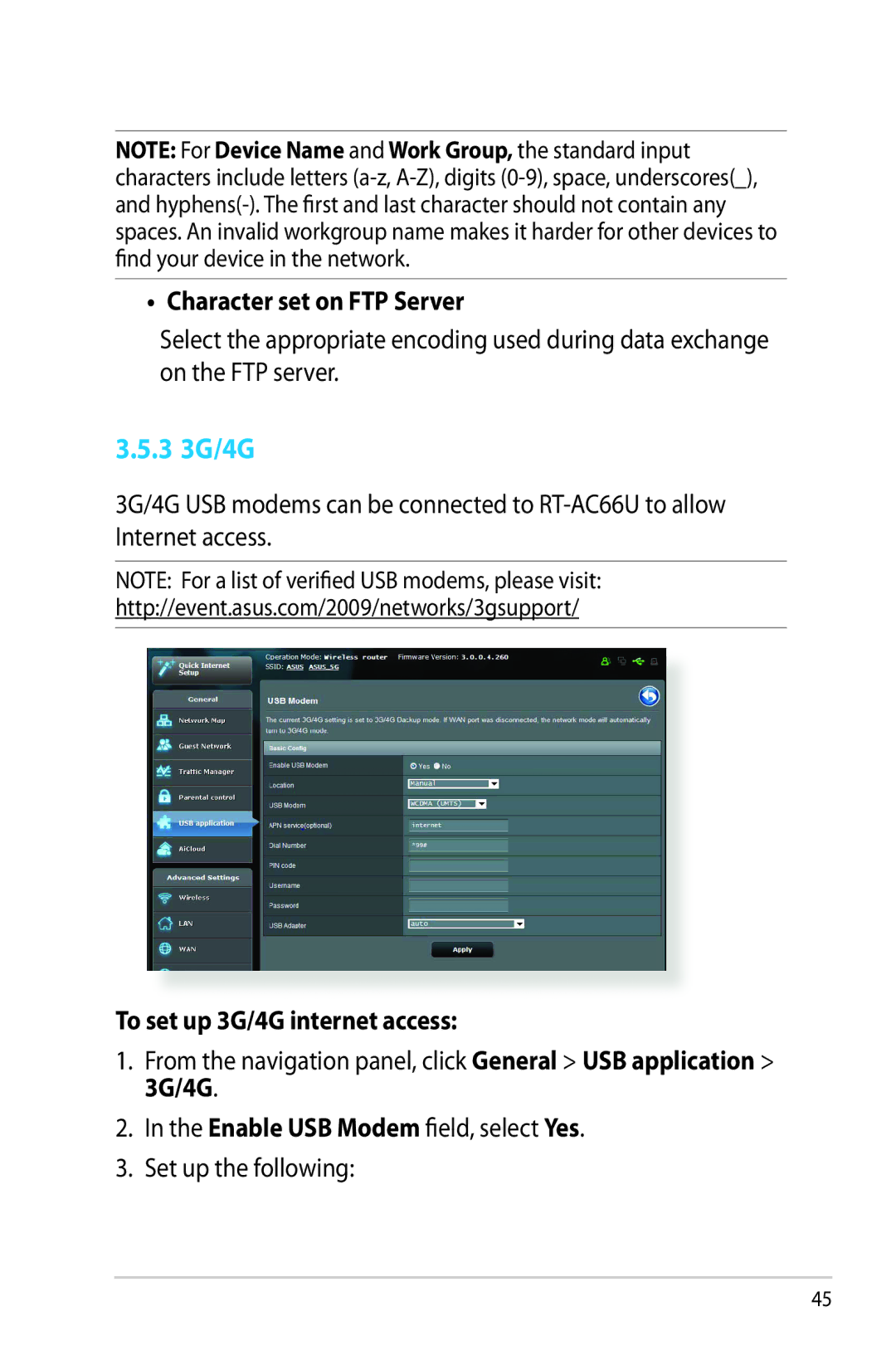 Asus RTAC66U manual 3 3G/4G, Character set on FTP Server, To set up 3G/4G internet access 