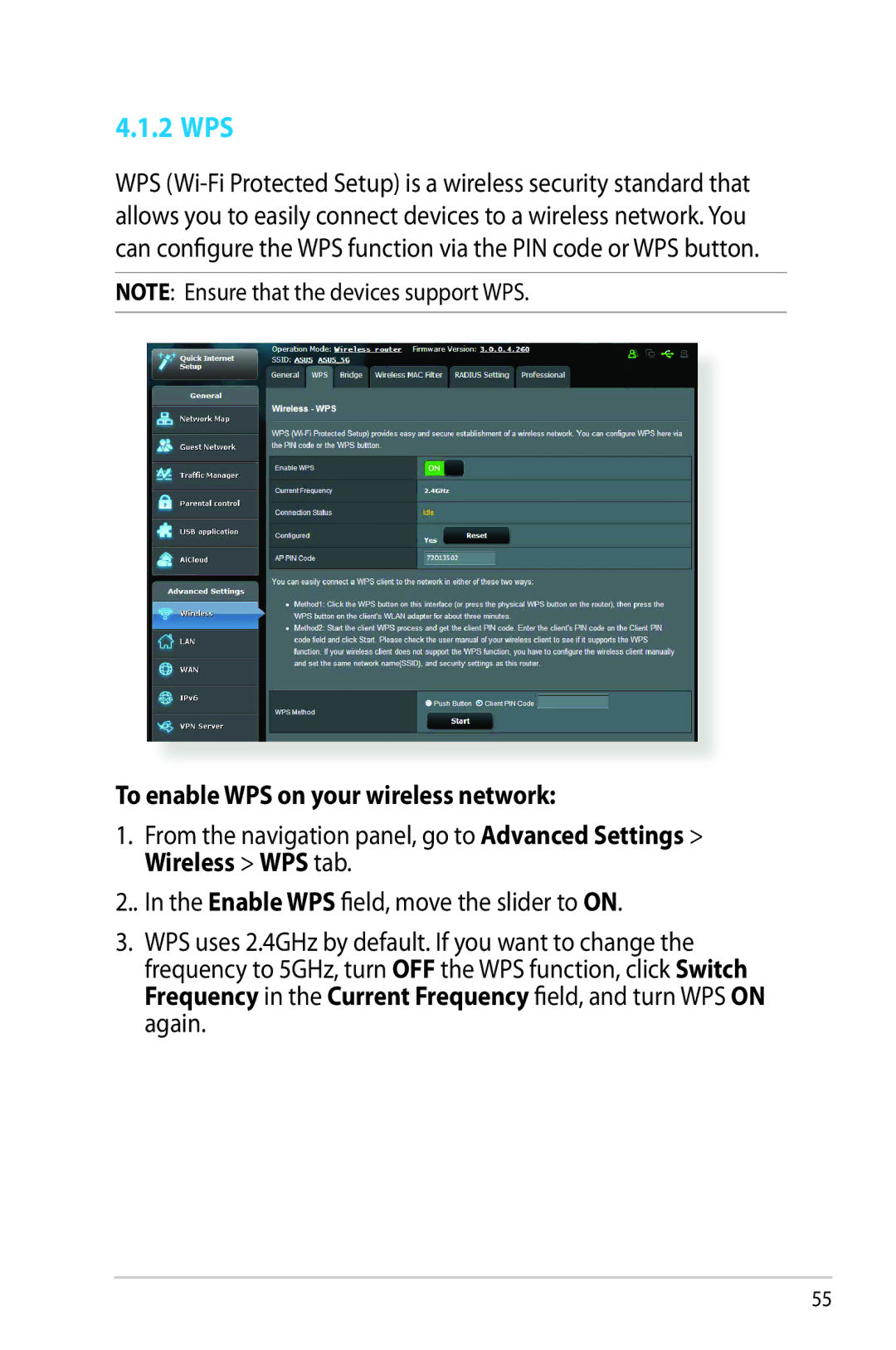 Asus RTAC66U manual 2 WPS, To enable WPS on your wireless network 