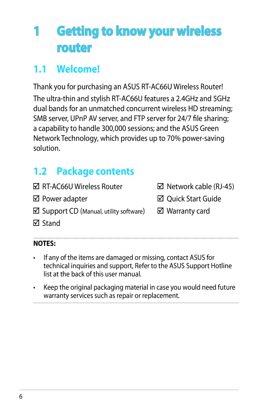 Asus RTAC66U manual Welcome, Package contents 