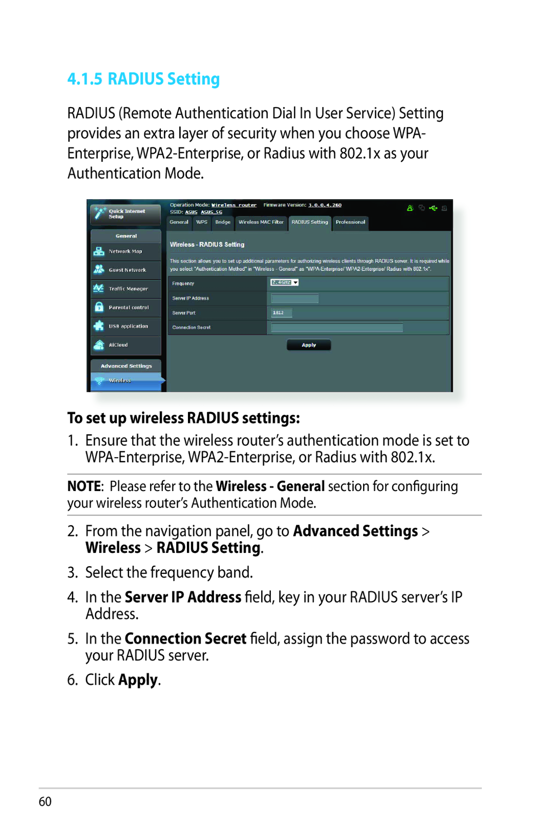 Asus RTAC66U manual Radius Setting, To set up wireless Radius settings 