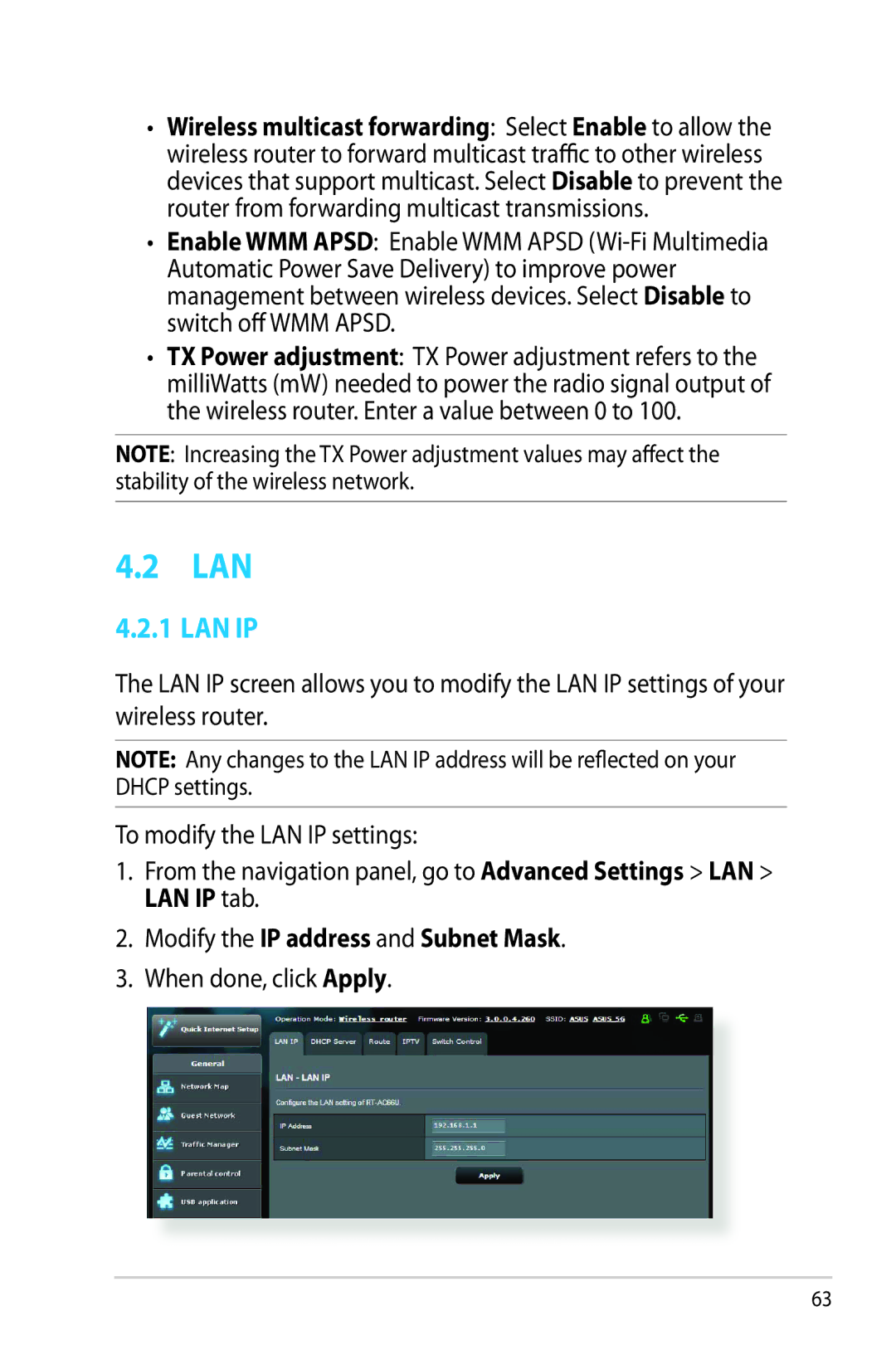 Asus RTAC66U manual Lan Ip, Modify the IP address and Subnet Mask 