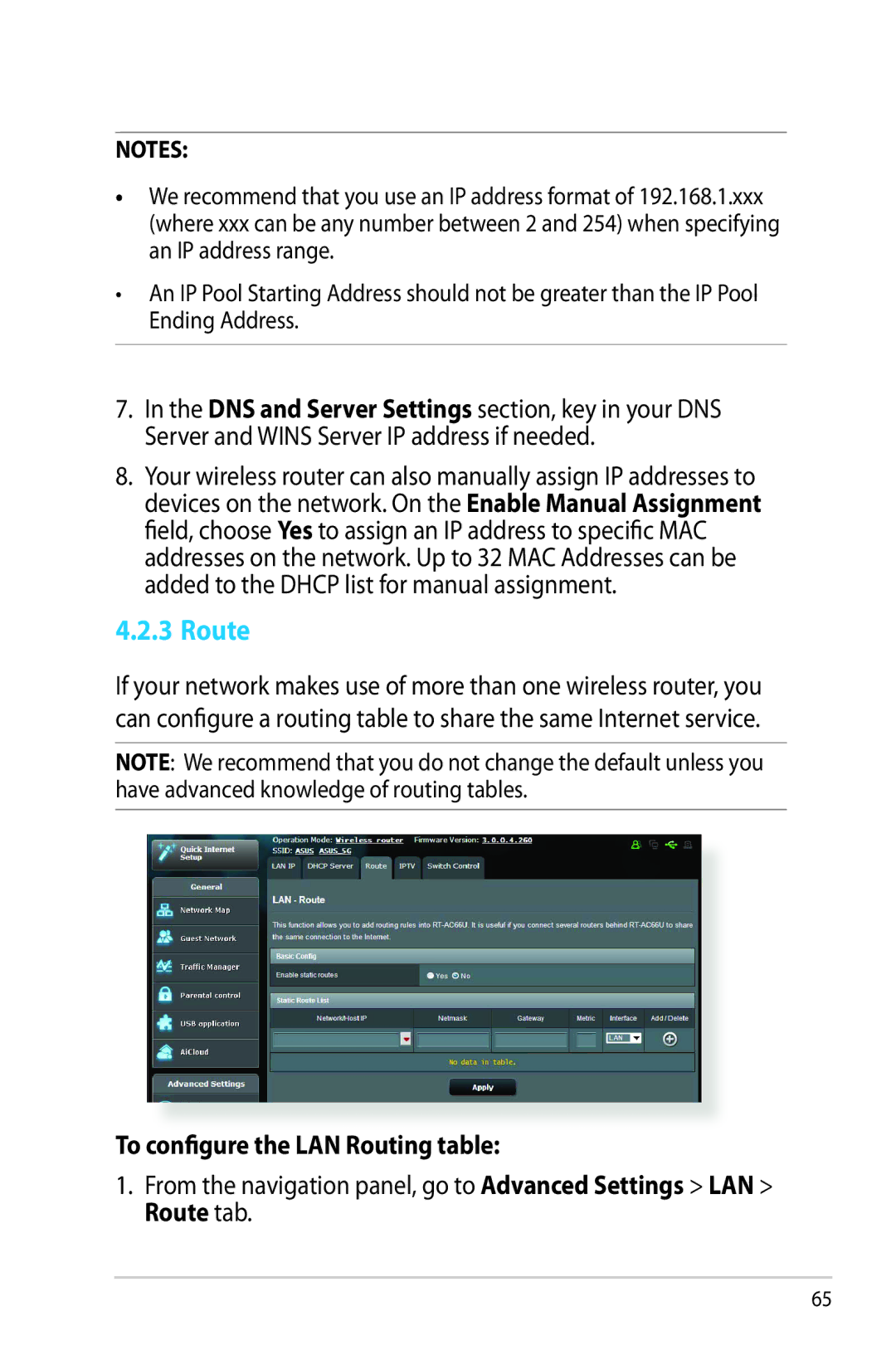 Asus RTAC66U manual Route, To configure the LAN Routing table 