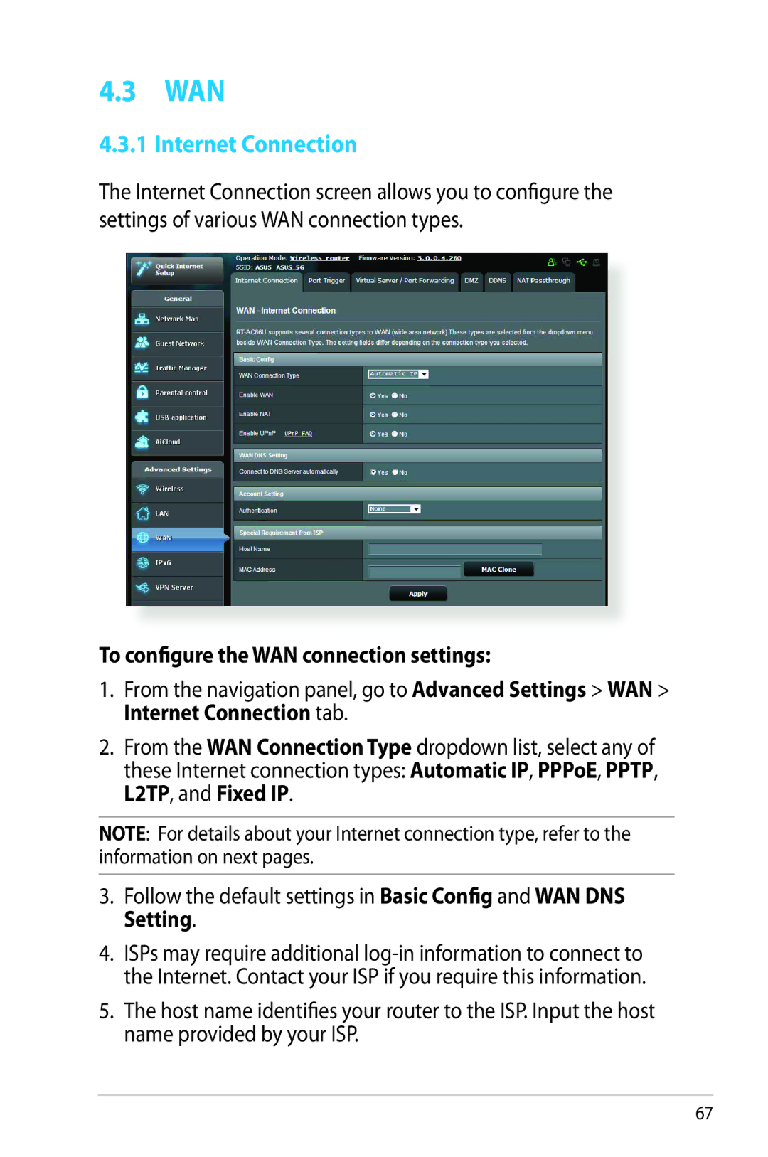 Asus RTAC66U manual Wan, Internet Connection, To configure the WAN connection settings 