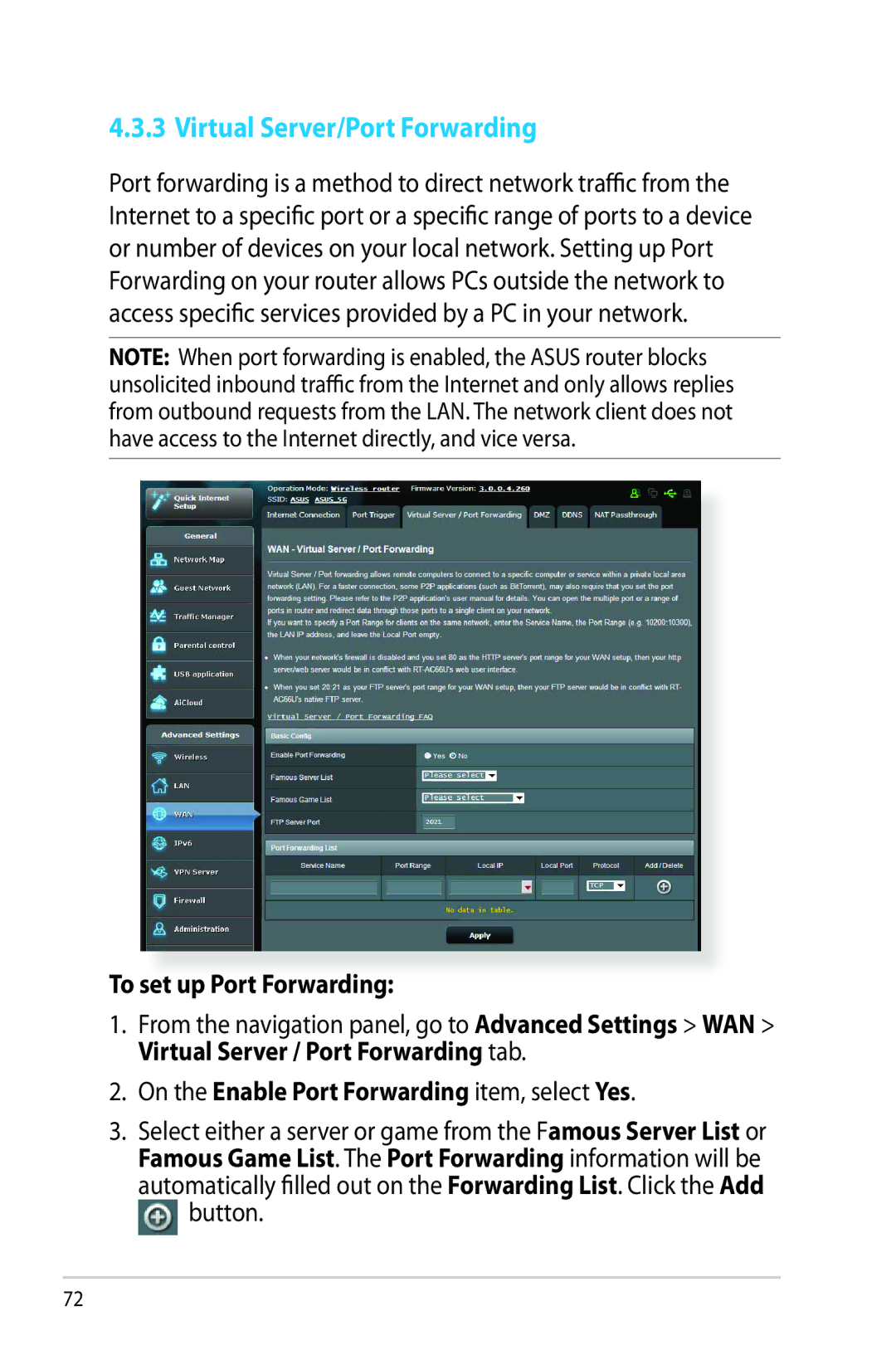Asus RTAC66U Virtual Server/Port Forwarding, To set up Port Forwarding, On the Enable Port Forwarding item, select Yes 