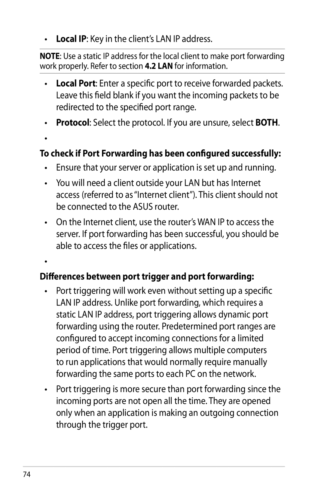 Asus RTAC66U manual Local IP Key in the client’s LAN IP address, Differences between port trigger and port forwarding 