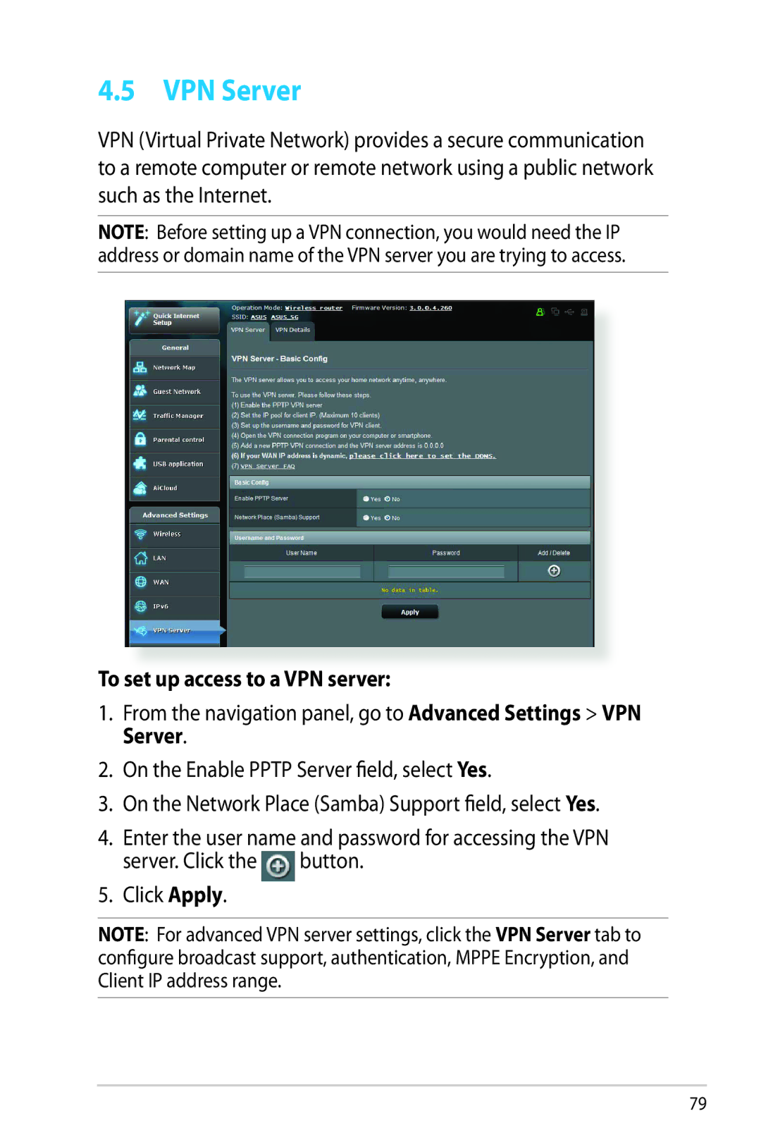 Asus RTAC66U manual VPN Server, To set up access to a VPN server 