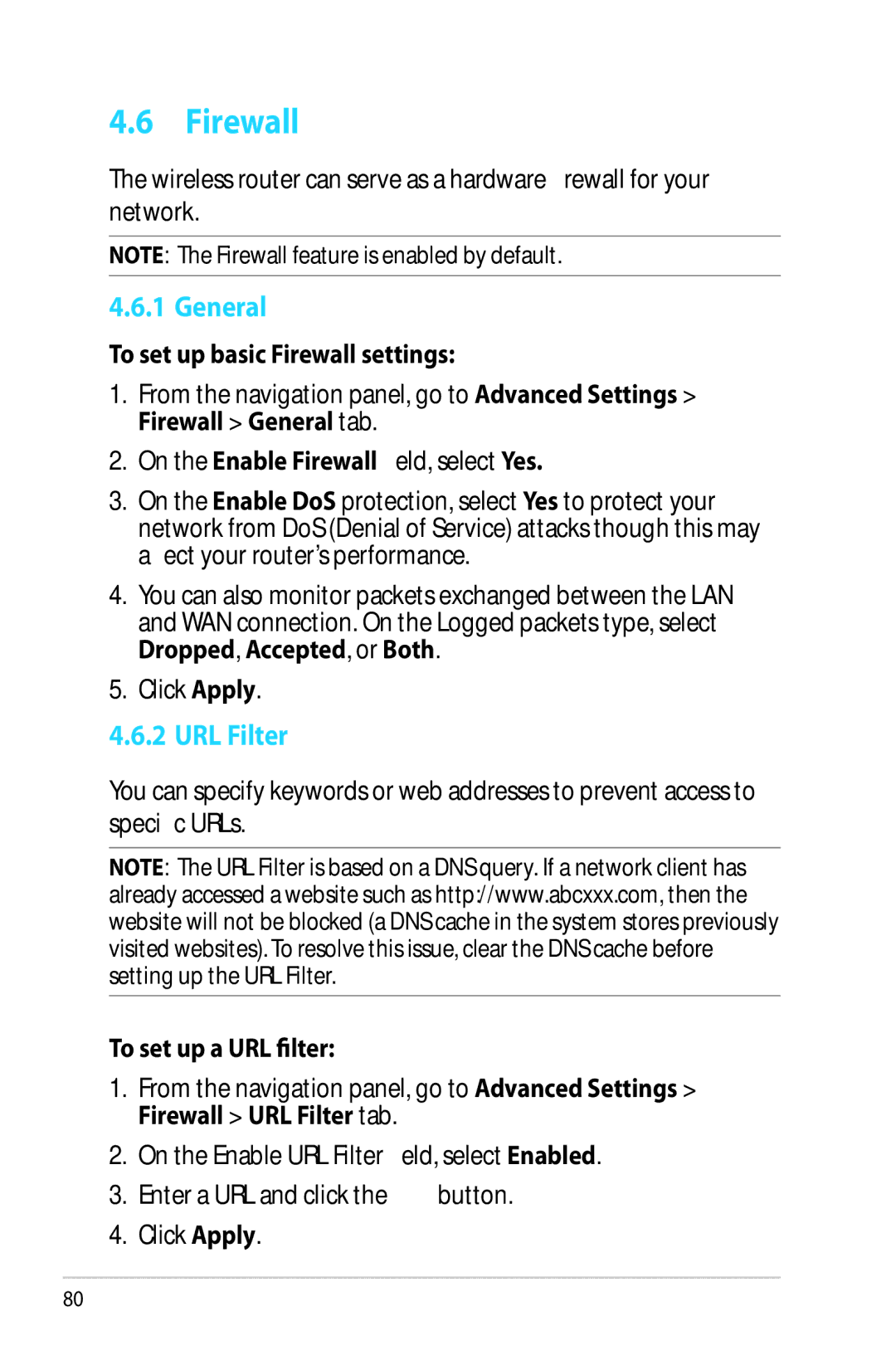 Asus RTAC66U manual URL Filter, To set up basic Firewall settings, To set up a URL filter 