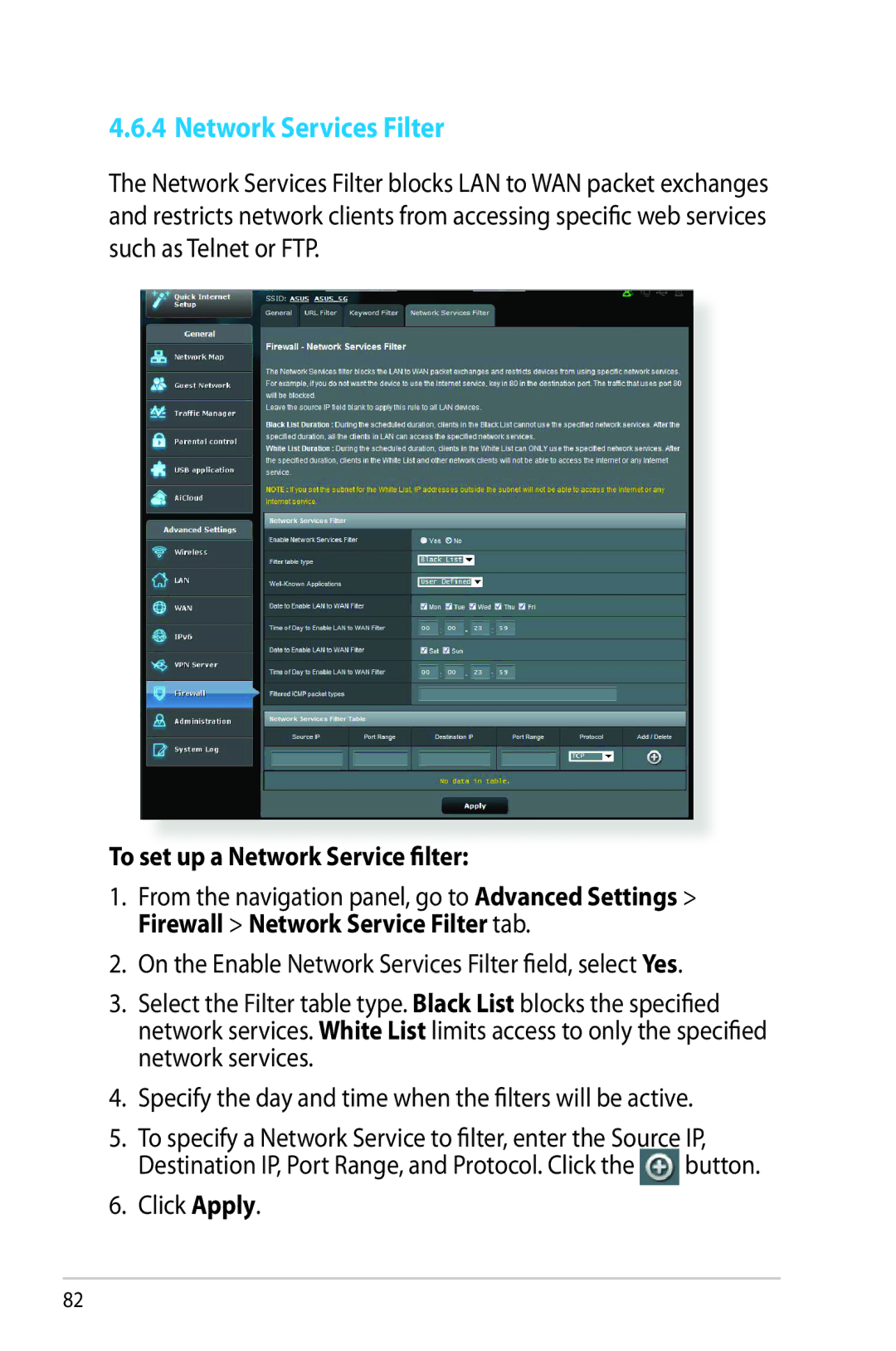 Asus RTAC66U manual Network Services Filter, To set up a Network Service filter 