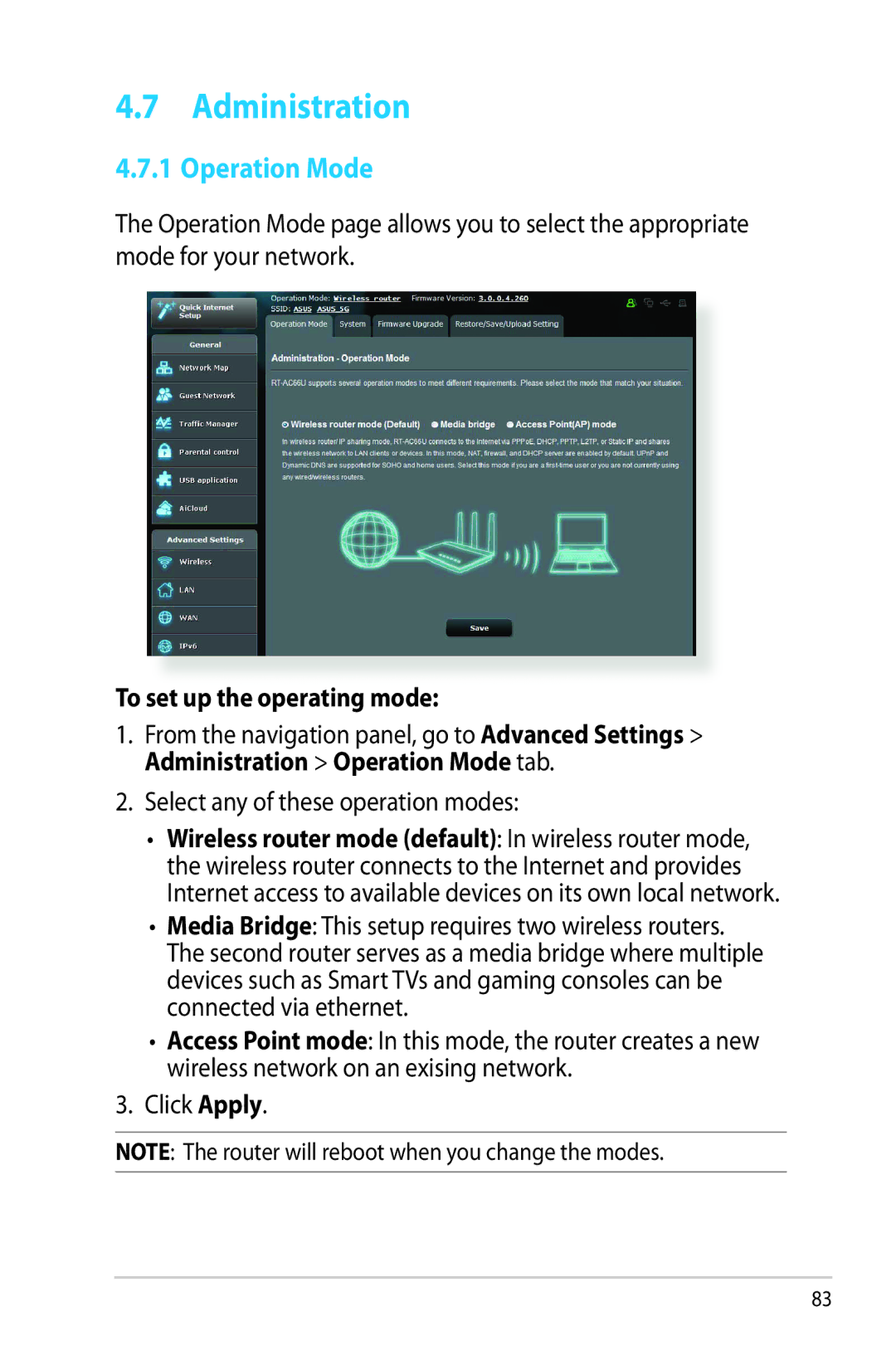 Asus RTAC66U manual Administration, Operation Mode, To set up the operating mode, Select any of these operation modes 