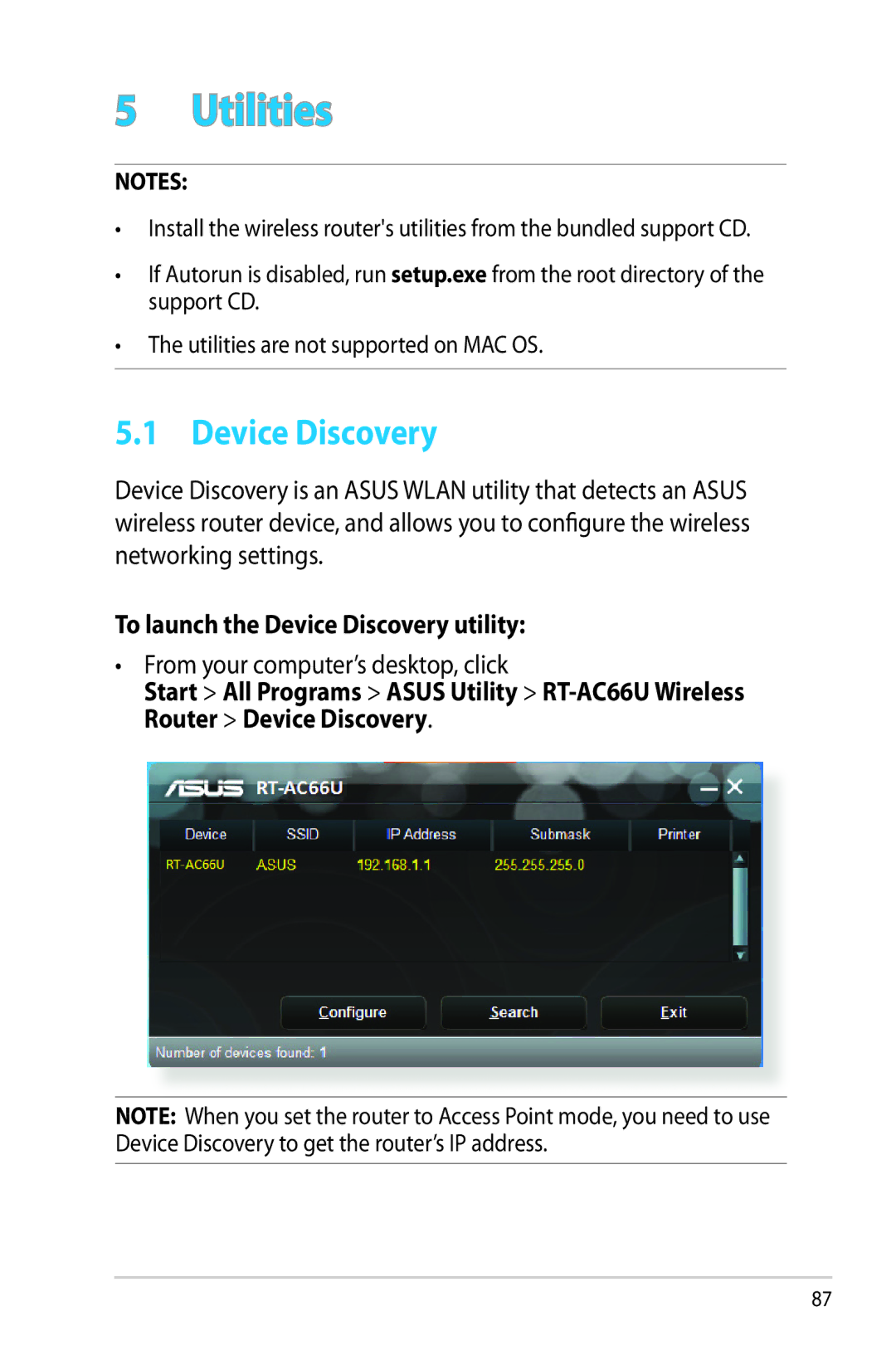 Asus RTAC66U manual To launch the Device Discovery utility, From your computer’s desktop, click 