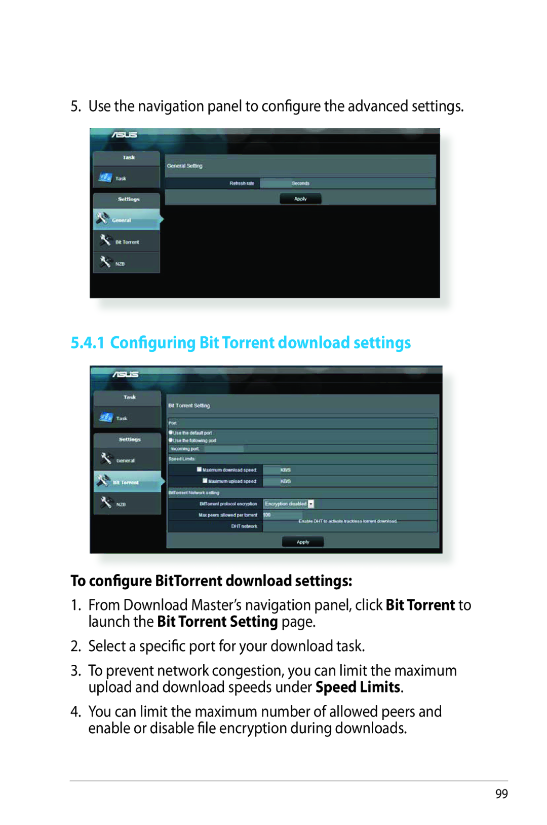 Asus RTAC66U manual Configuring Bit Torrent download settings, Use the navigation panel to configure the advanced settings 