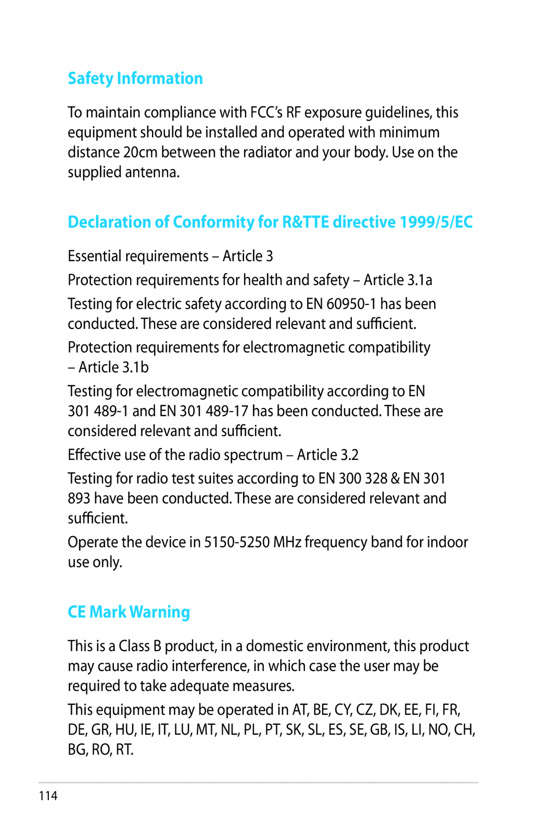 Asus RTAC68U manual Safety Information, Declaration of Conformity for R&TTE directive 1999/5/EC, CE Mark Warning 